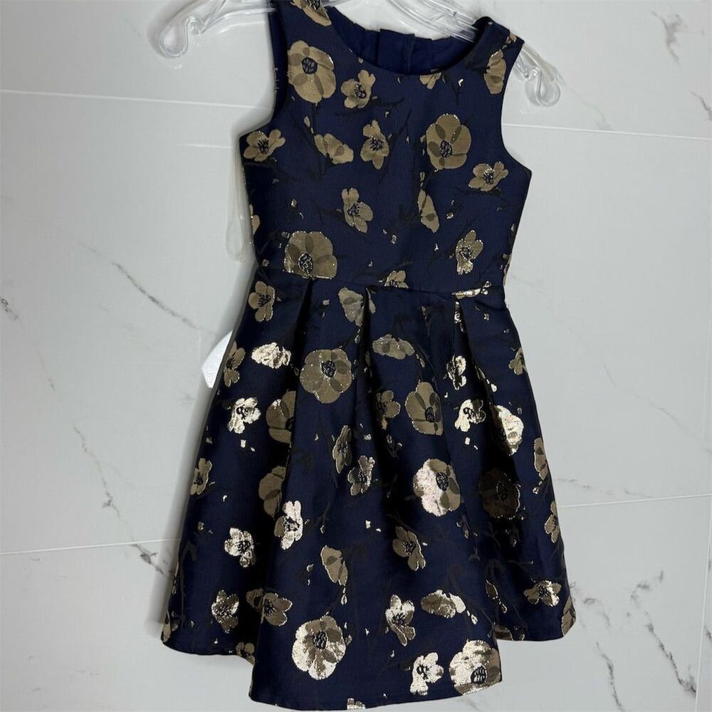Trixxi Girl Floral Fit & Flare Dress Navy Gold Knee Length Size 7 party holidays